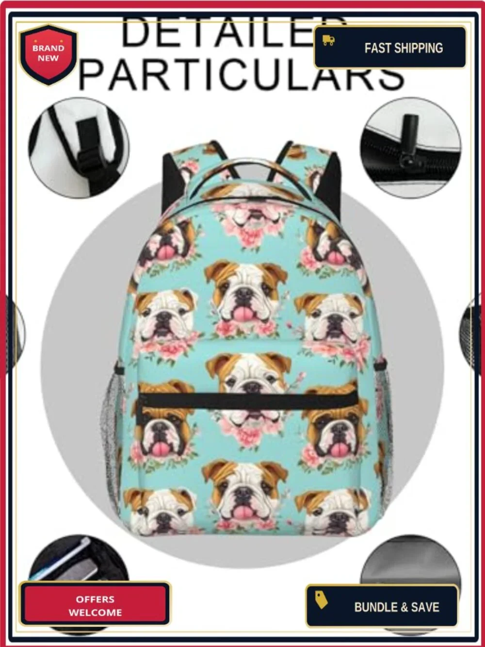 Floral Bulldog Backpack Lightweight Polyester Laptop Daypack for School Travel